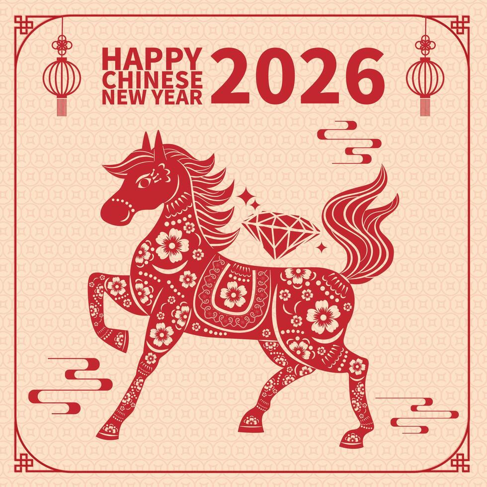 Happy Year of the Horse 2026 with Asian elements in red paper cut style. vector
