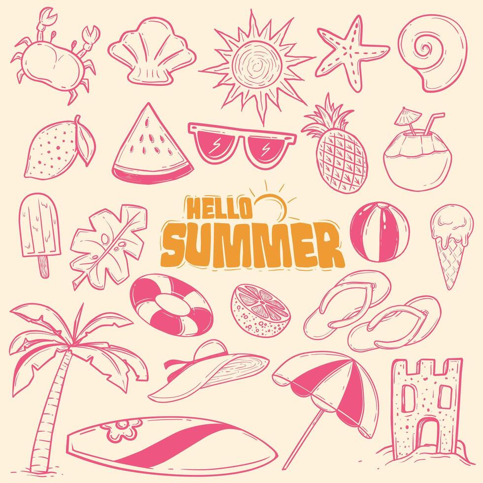 Summer Elements Doodle Set. Beach, Fruit, Ice Cream, Flat Design vector