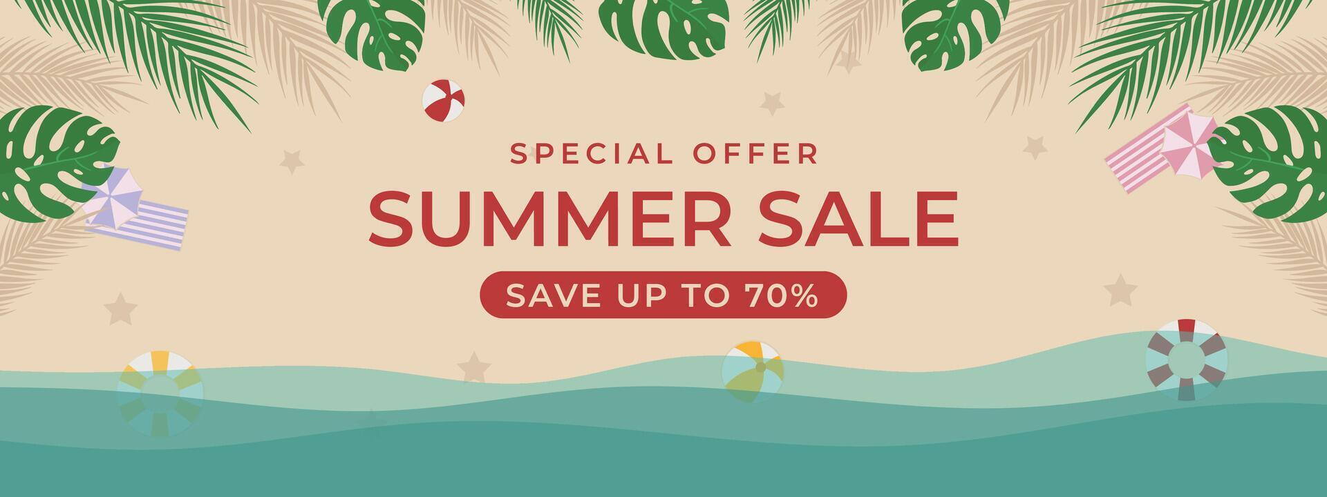 Summer Sale Banner Template with Tropical Floral Leaves and Colorful Beach Elements - Design for Seasonal Promotion vector