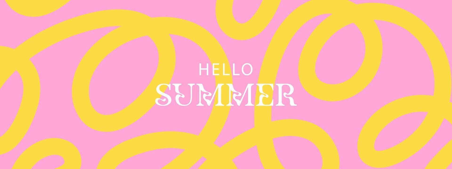 Summer horizontal abstract background with bright yellow and pink hand drawn lines. Modern art minimalist style design template for sales, horizontal poster, header, cover, social media, fashion ads vector