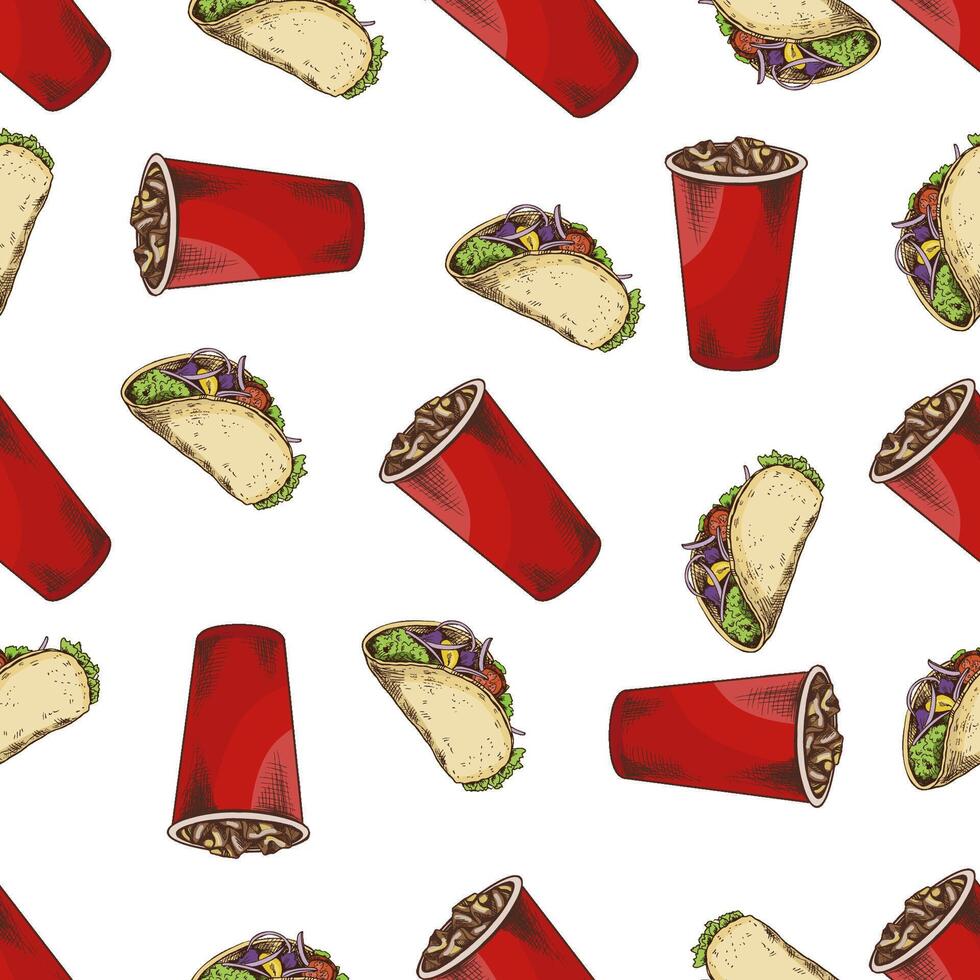 Hand drawn vintage seamless pattern of tacos and fizzy drinks in red paper cups, food background vector