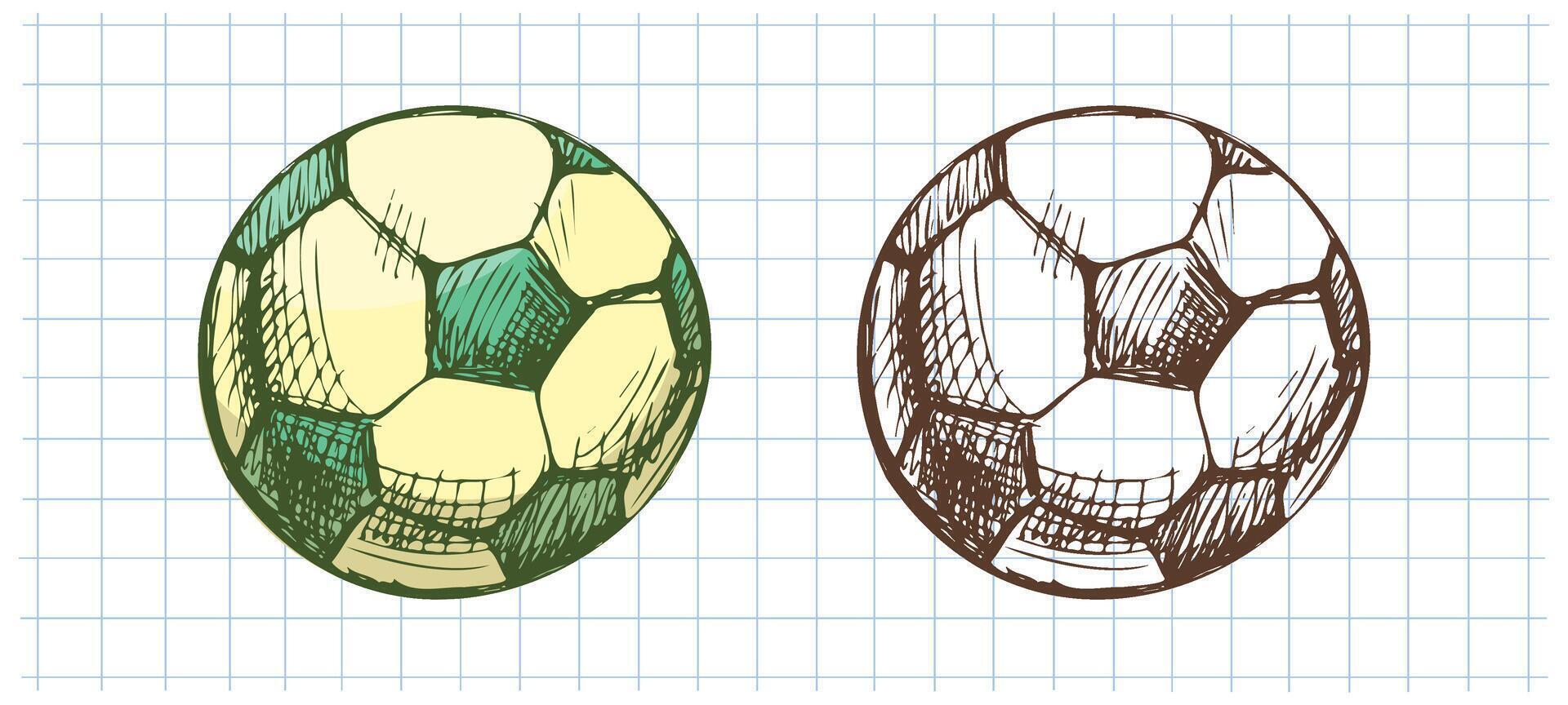 Hand drawn vintage sketch of classic soccer ball set in color and monochrome on grid notebook background vector
