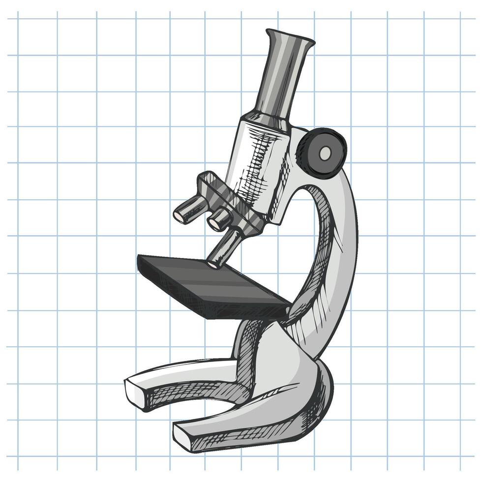 Hand drawn vintage sketch of grayscale scientific microscope on grid notebook background, isolated illustration for school vector