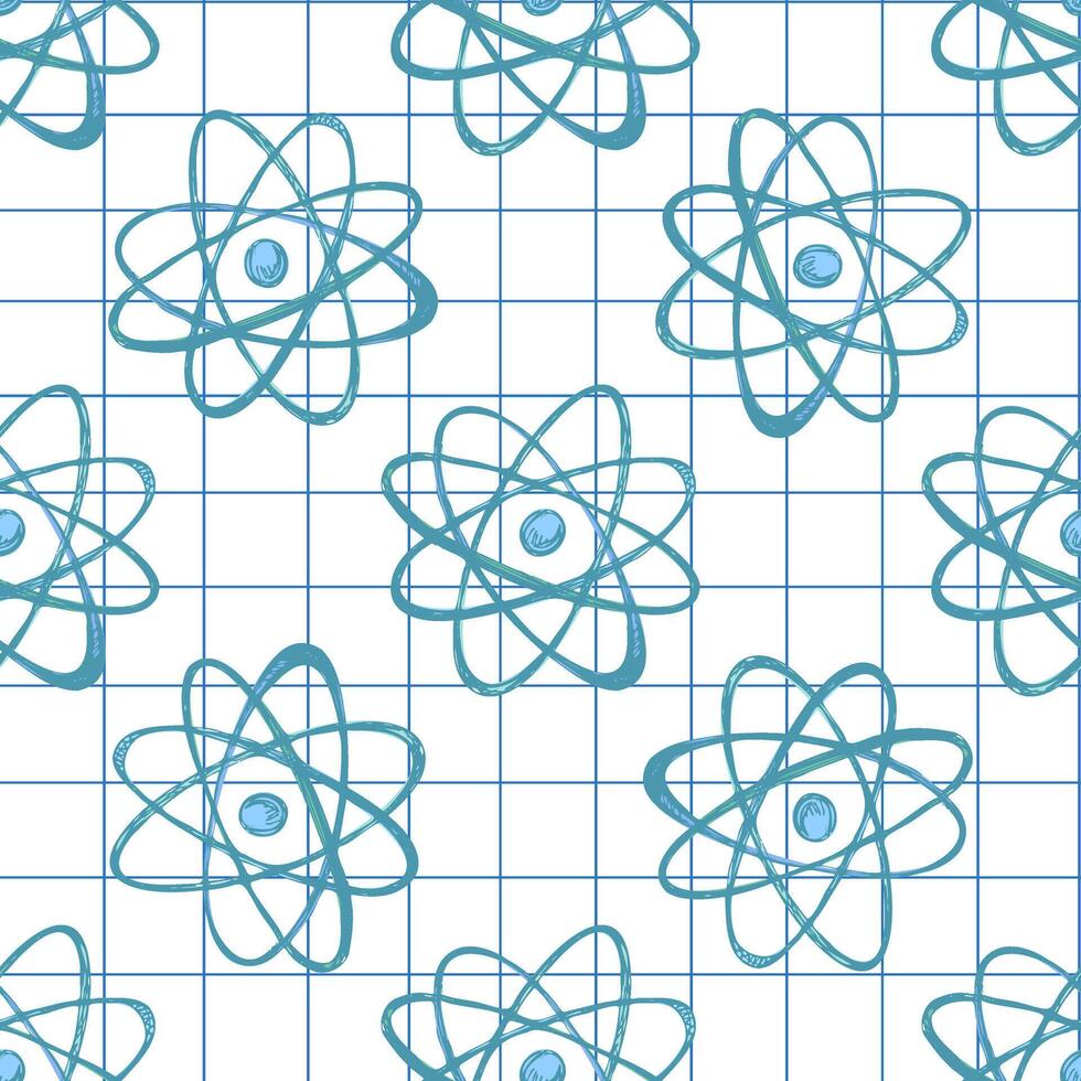 Hand drawn seamless pattern of atomic model sketch in blue color on grid notebook background, illustration vector