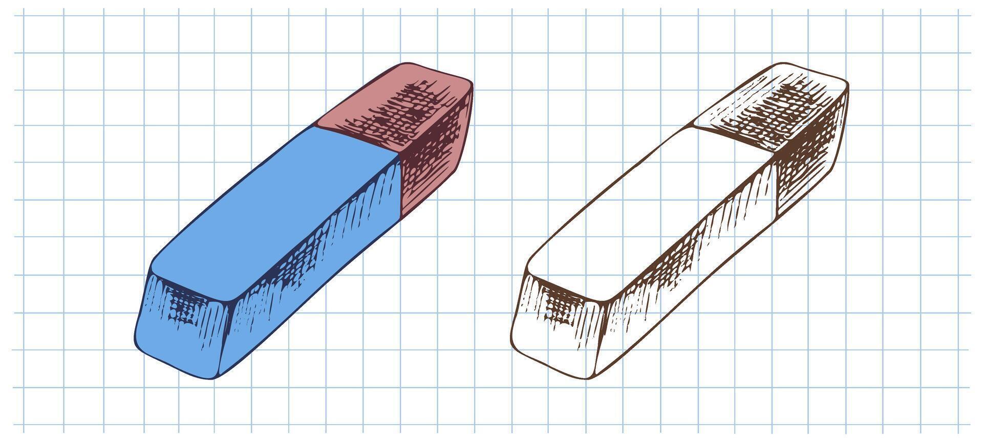 Hand drawn vintage sketch of two erasers in color and monochrome version on grid notebook background, illustration vector