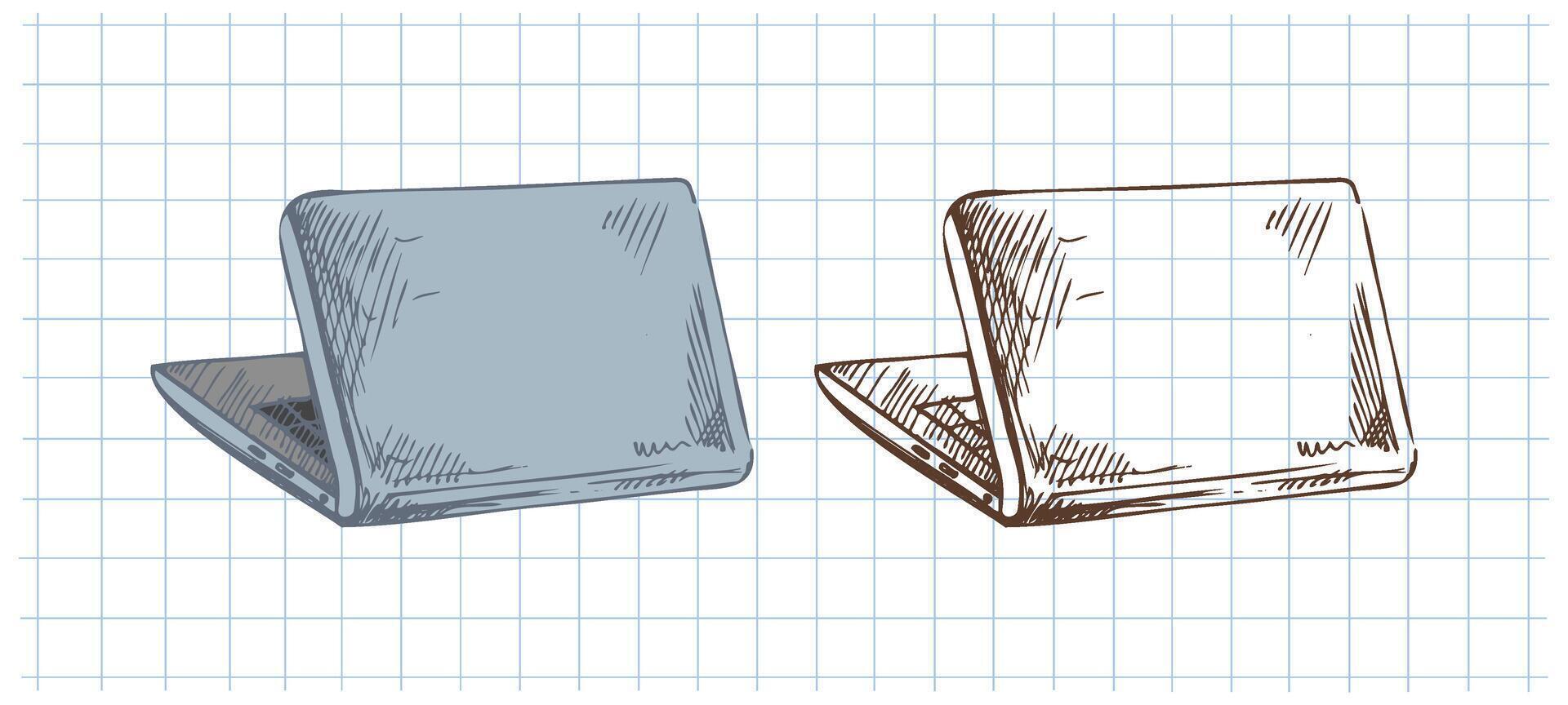 Hand drawn vintage sketch of open laptop computer in blue color with notebook grid, set with monochrome version vector