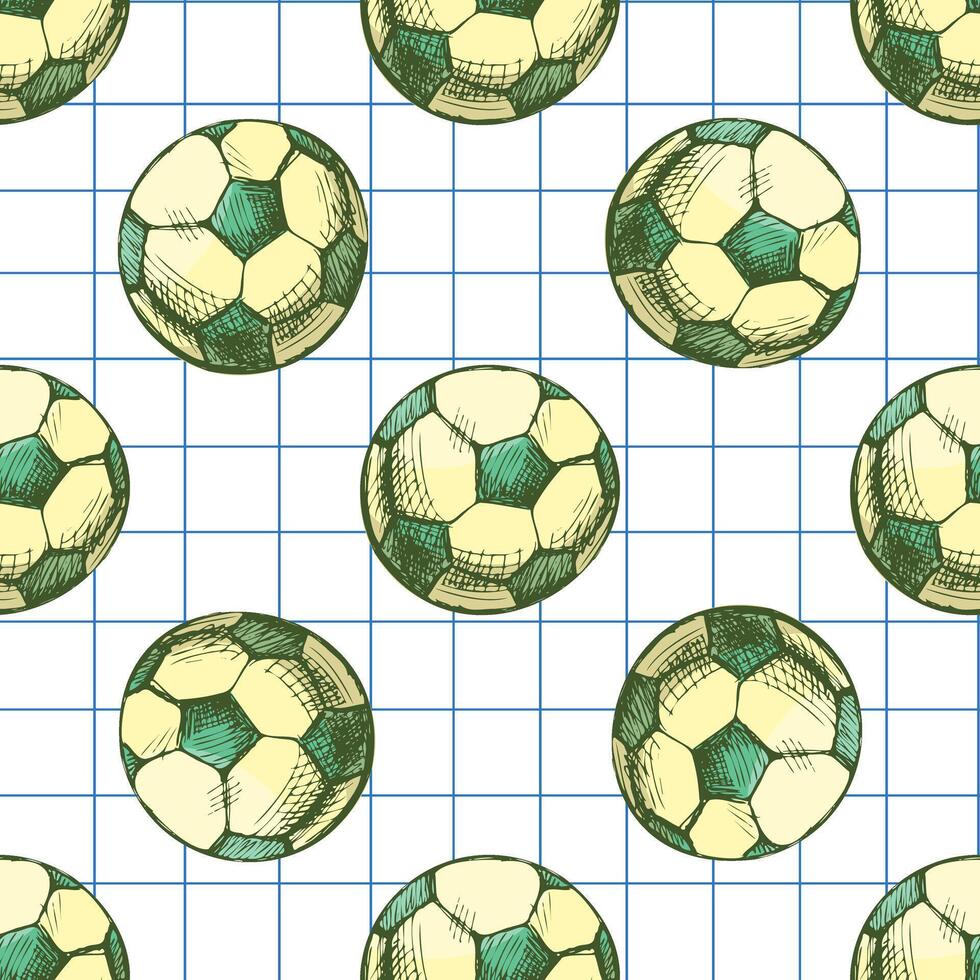 Hand drawn vintage seamless pattern of soccer balls in yellow and green on grid notebook background, sketch vector