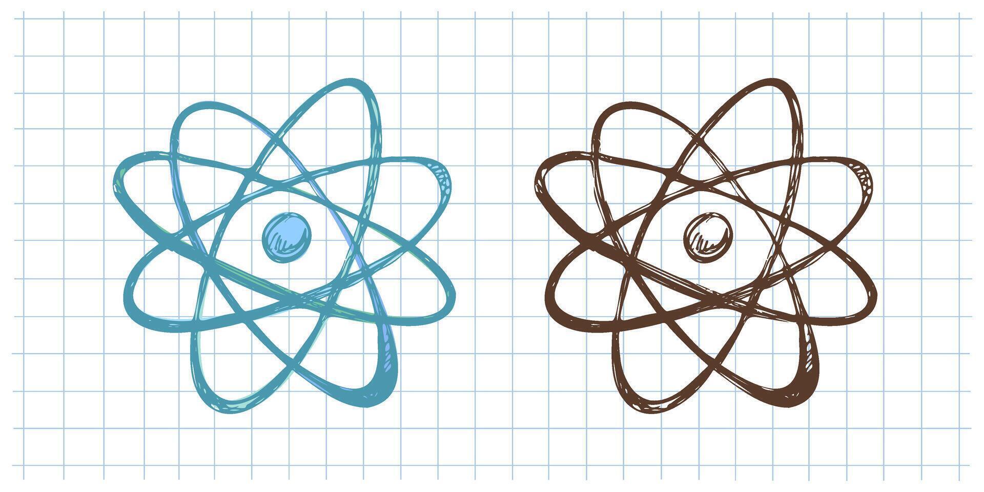 Hand drawn vintage sketch of atomic model in blue and brown color on grid notebook background, illustration set vector