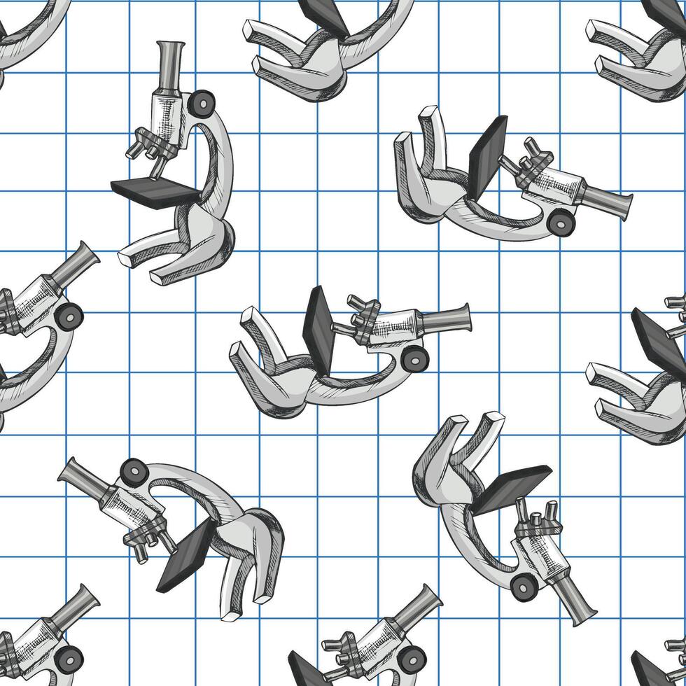 Hand drawn vintage seamless pattern of scientific microscopes in grayscale on grid notebook background, illustration vector