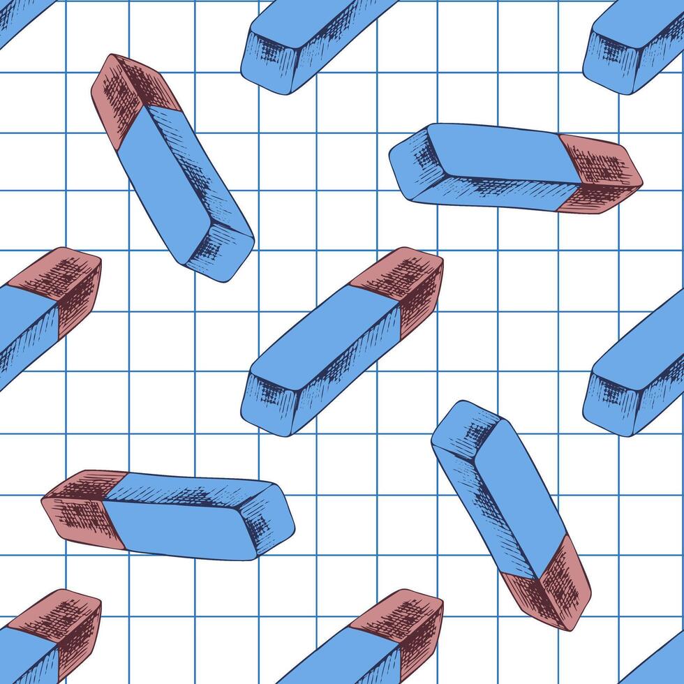 Hand drawn vintage seamless pattern of blue and red pencil erasers on grid paper background, colorful vector