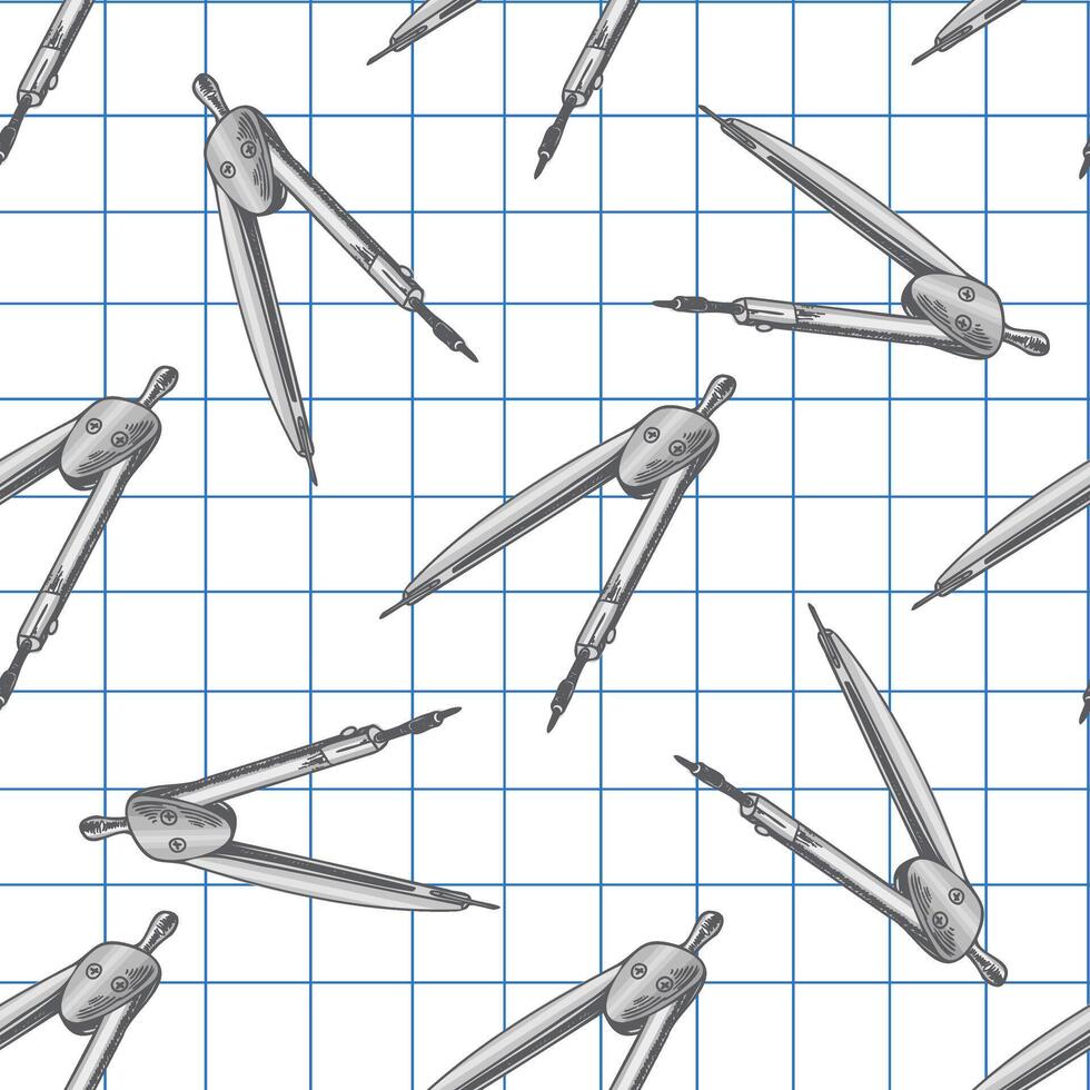Hand drawn vintage seamless pattern of metal compass for geometry on blue grid notebook background, gray illustration vector