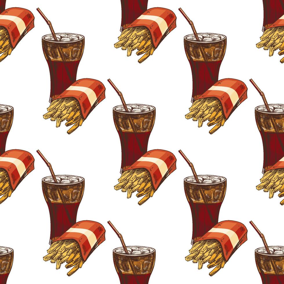 Hand drawn vintage seamless pattern of soda drinks and French fries in red pack, colorful background vector