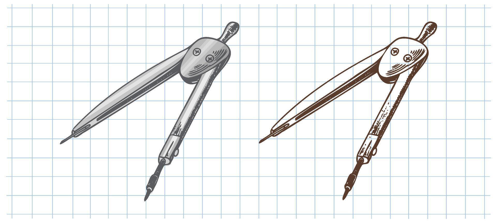 Hand drawn vintage sketch of metal compass in color and monochrome version on grid notebook background vector