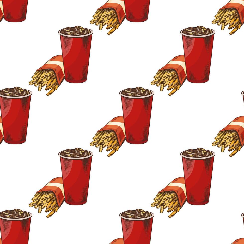 Hand-drawn vintage seamless pattern of fizzy drink in red cup and fries on white background, illustration vector