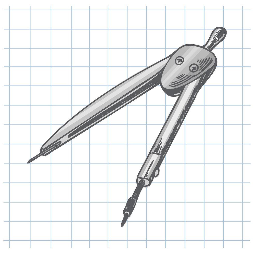 Hand drawn vintage sketch of metal compass for geometry and technical drawing on grid notebook background, grayscale vector