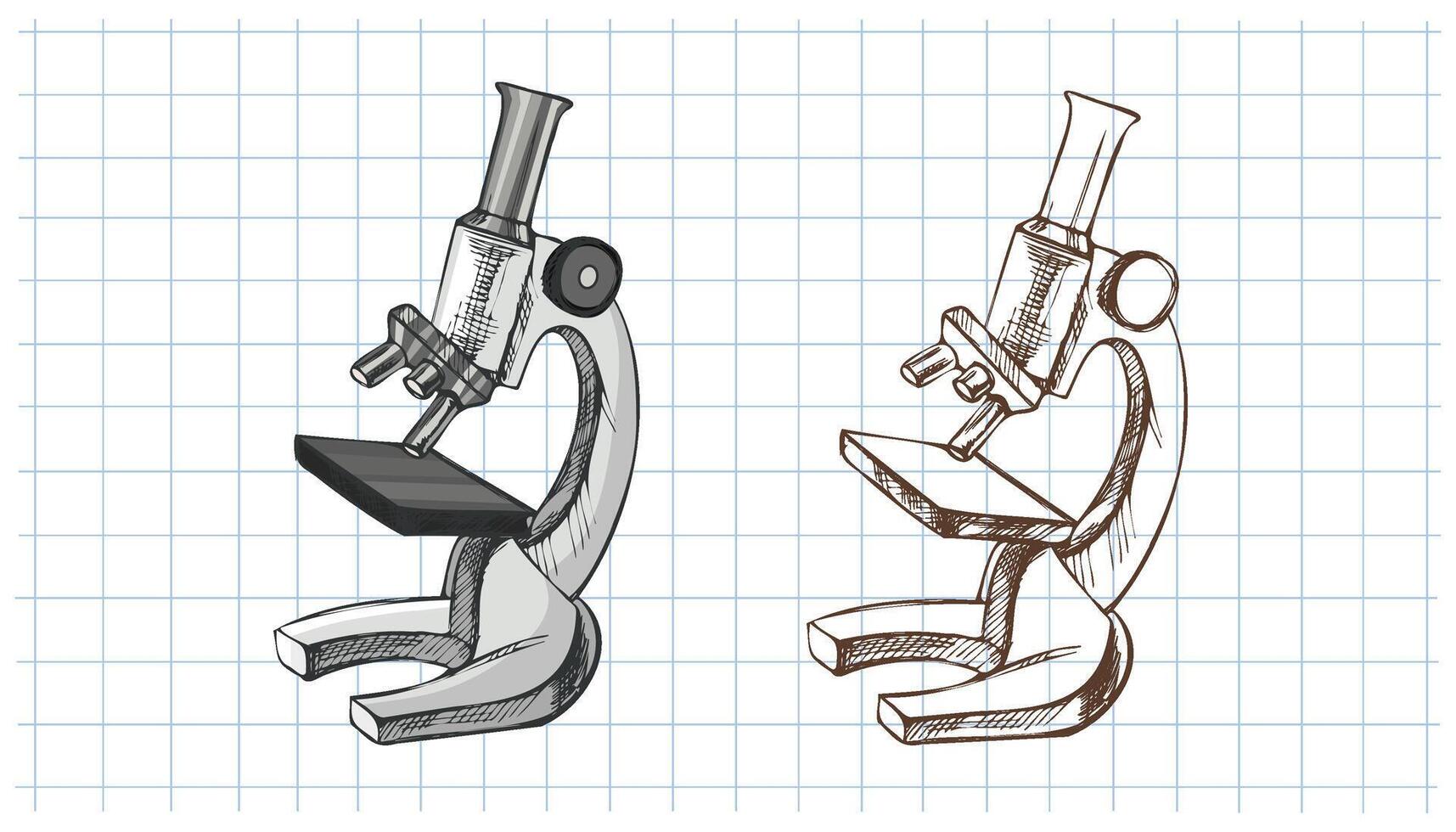 Hand drawn vintage sketch of classic microscope in grayscale and monochrome version on grid notebook background vector