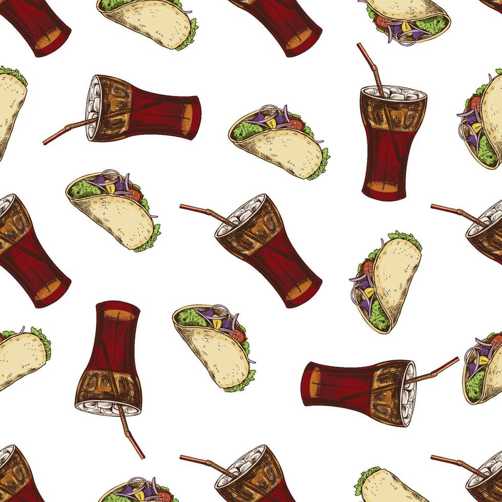 Hand drawn vintage seamless pattern of tacos and fizzy drinks in glass with straw, colorful background vector