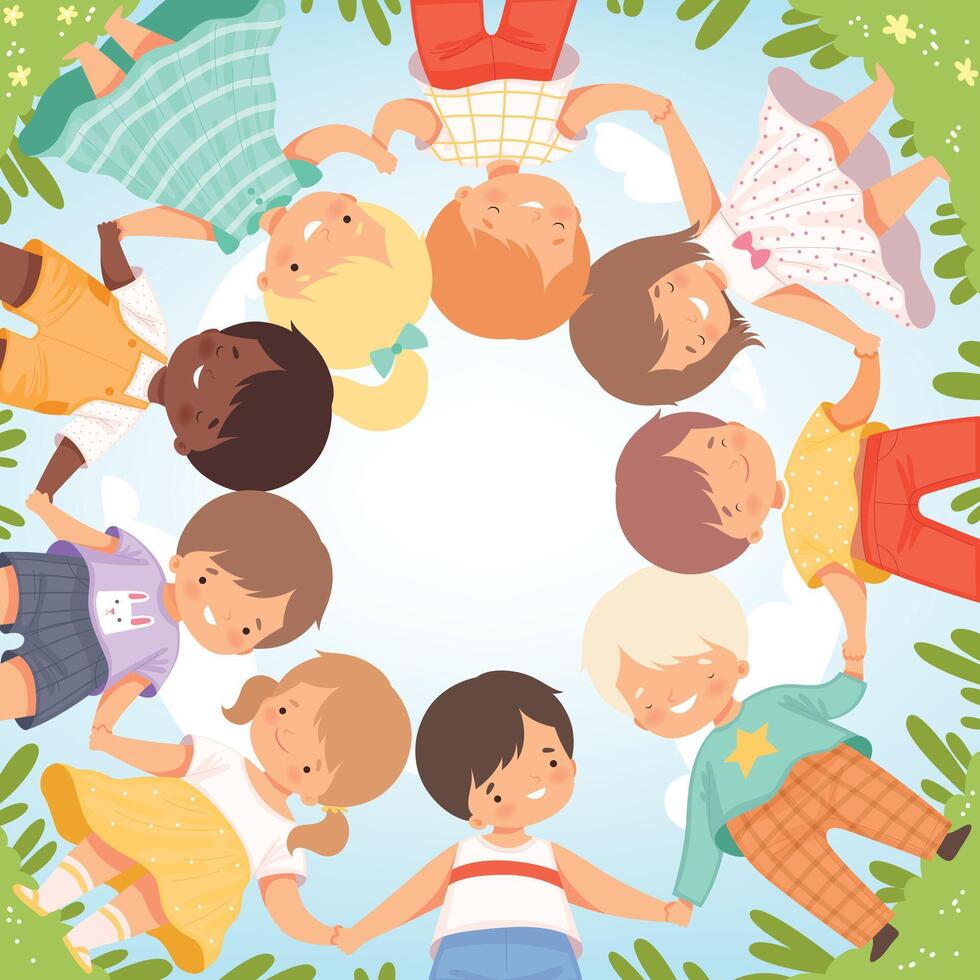 Top View of Cute Happy Kids Lying on Lawn in Circle, Little Smiling Friends Holding Hands Cartoon Illustration vector