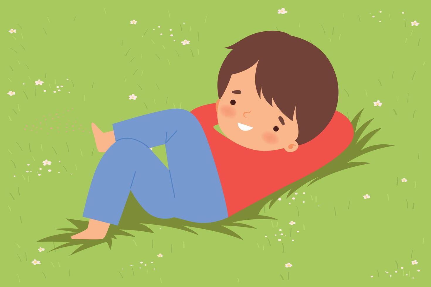 Cute Boy Lying Down on Green Lawn, Kid Lying on Grass Dreamily Looking into Sky Cartoon Illustration vector