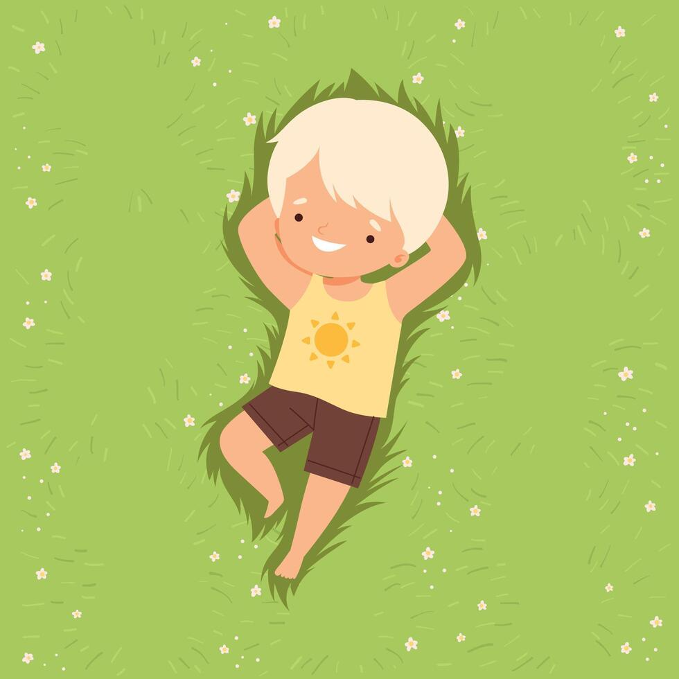 Adorable Smiling Boy Lying Down on Green Lawn, Cute Kid Lying on Grass Dreamily Looking into Sky Cartoon Illustration vector