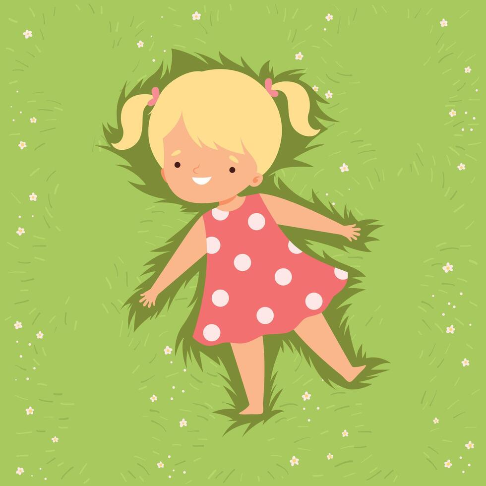 Top View of Adorable Smiling Girl Lying Down on Green Lawn, Cute Kid Lying on Grass Dreamily Looking into Sky Cartoon Illustration vector
