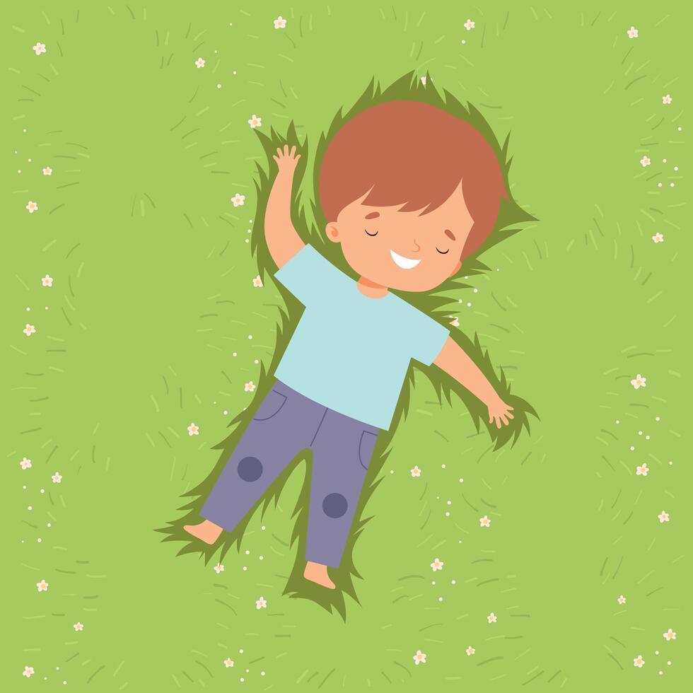 Top View of Smiling Boy Lying Down on Green Lawn, Lovely Kid Having Fun Outdoors Cartoon Illustration vector