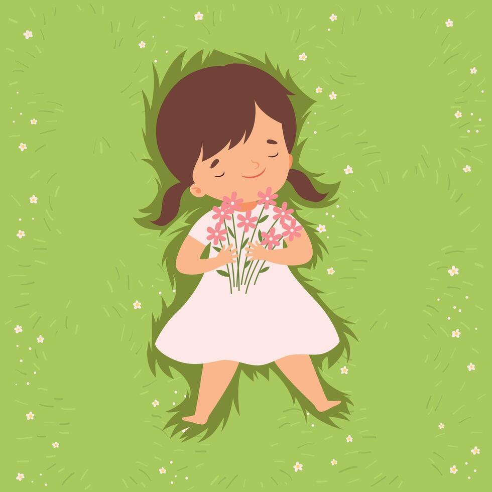 Top View of Adorable Brunette Girl Lying Down on Green Lawn, Cute Kid Lying on Grass Dreamily Looking into Sky Cartoon Illustration vector