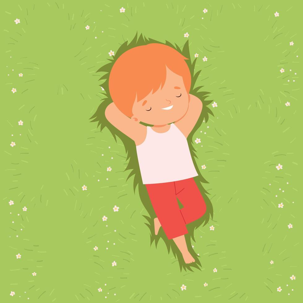 Top View of Adorable Boy Lying Down on Green Lawn with Hands behind his Head, Cute Kid Lying on Grass Dreamily Looking into Sky Cartoon Illustration vector