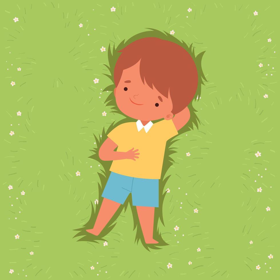 Top View of Adorable Boy Lying Down on Green Lawn, Lovely Kid Lying on Grass Dreamily Looking into Sky Cartoon Illustration vector
