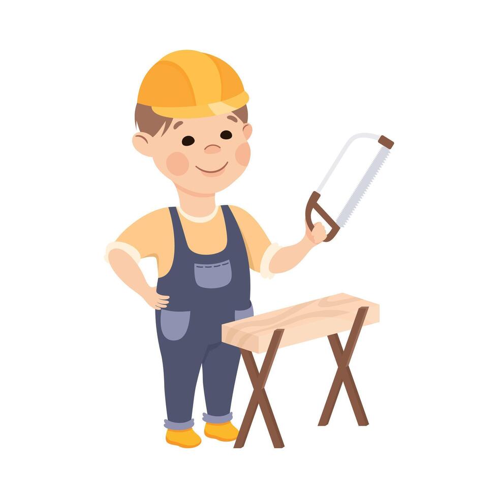 Cute Builder Sawing Plank with Saw, Little Boy Carpenter Character in Hard Hat and Blue Overalls with Construction Tools Cartoon Style Illustration vector