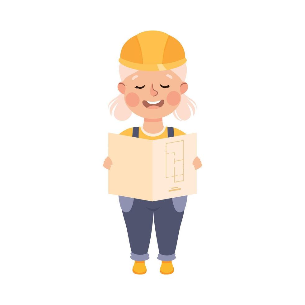 Cute Builder Holding Architectural Plan, Little Girl in Hard Hat and Blue Overalls with Construction Tools Cartoon Style Illustration vector