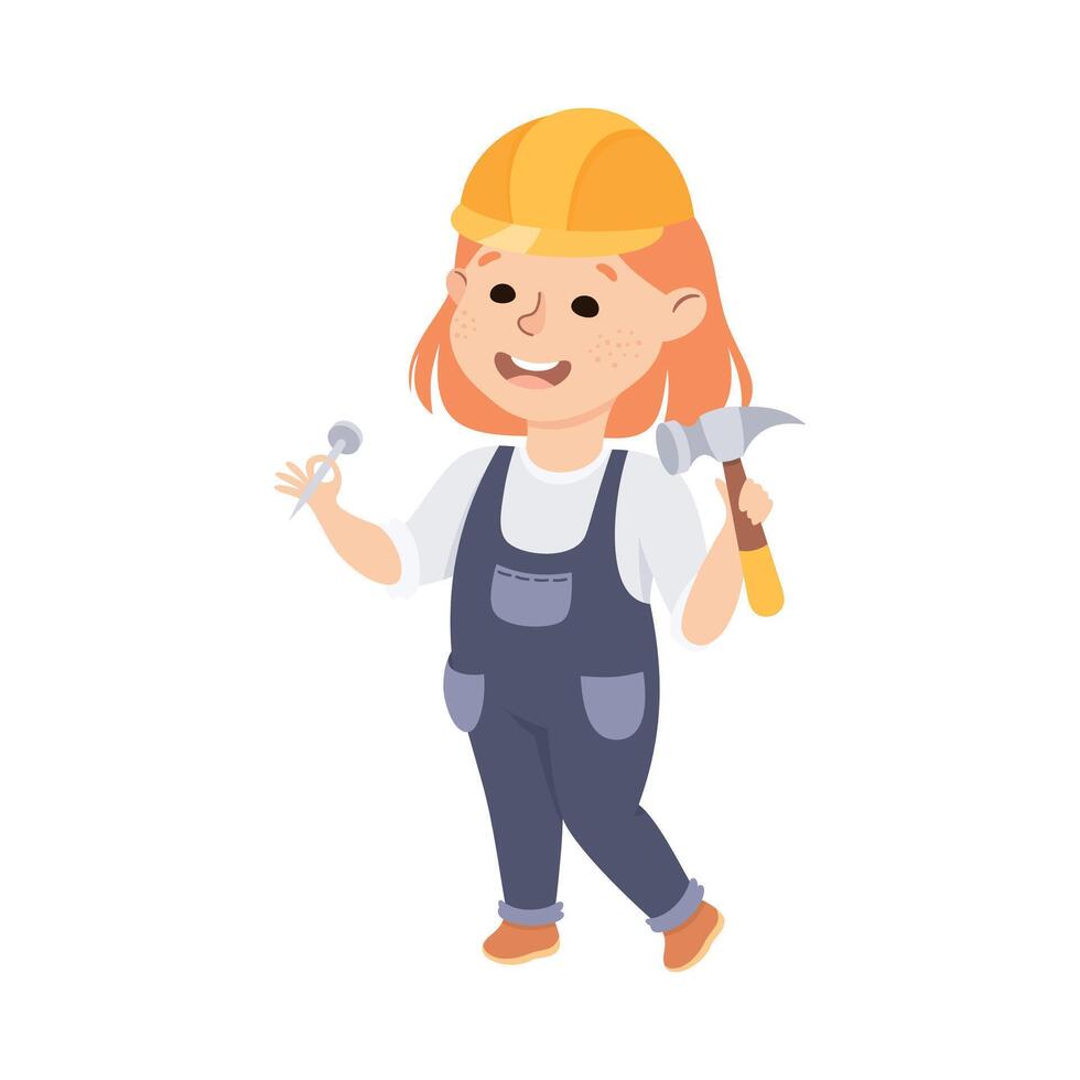 Cute Builder with Hammer and Nail, Little Girl in Hard Hat and Blue Overalls with Construction Tools Cartoon Style Illustration vector