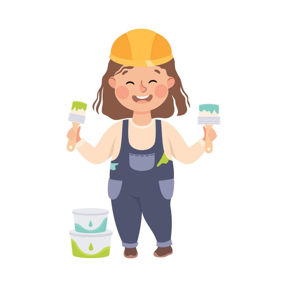 Cute Builder with Brushes and Cans of Paint, Little Girl Painter Character in Hard Hat and Blue Overalls with Construction Tools Cartoon Style Illustration vector