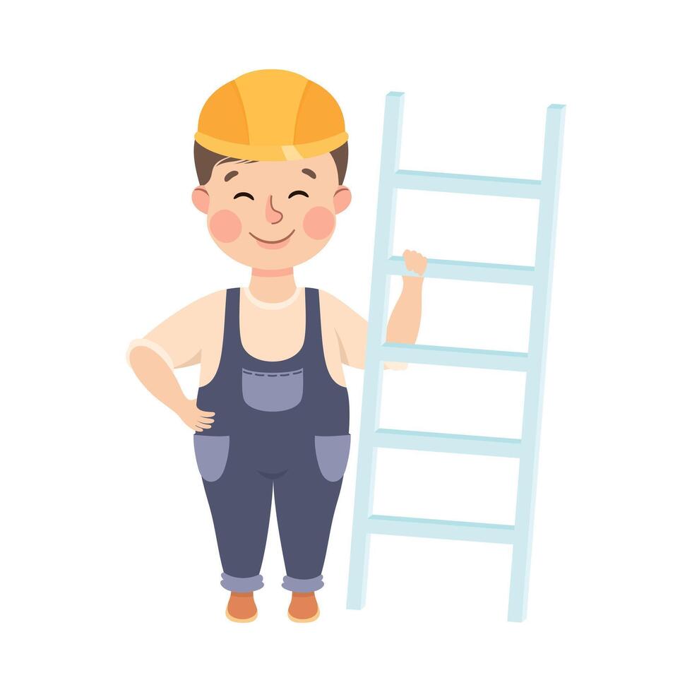 Cute Builder with Ladder, Little Boy in Hard Hat and Blue Overalls with Construction Tools Cartoon Style Illustration vector