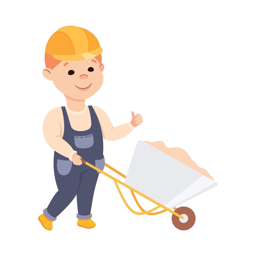 Cute Builder Pushing Wheelbarrow Full of Sand, Little Boy in Hard Hat and Blue Overalls with Construction Tools Cartoon Style Illustration vector