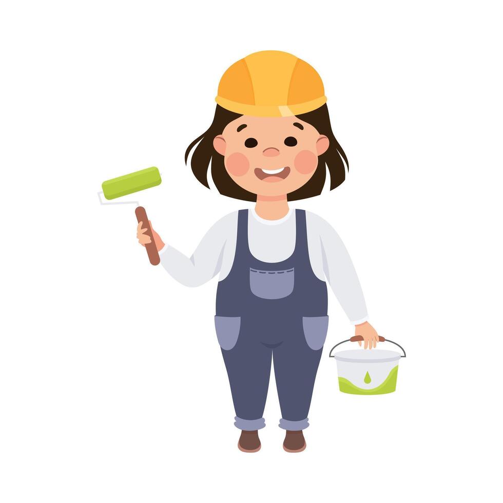 Cute Builder with Roller Brush and Pail of Paint, Little Girl Painter Character in Hard Hat and Blue Overalls with Construction Tools Cartoon Style Illustration vector