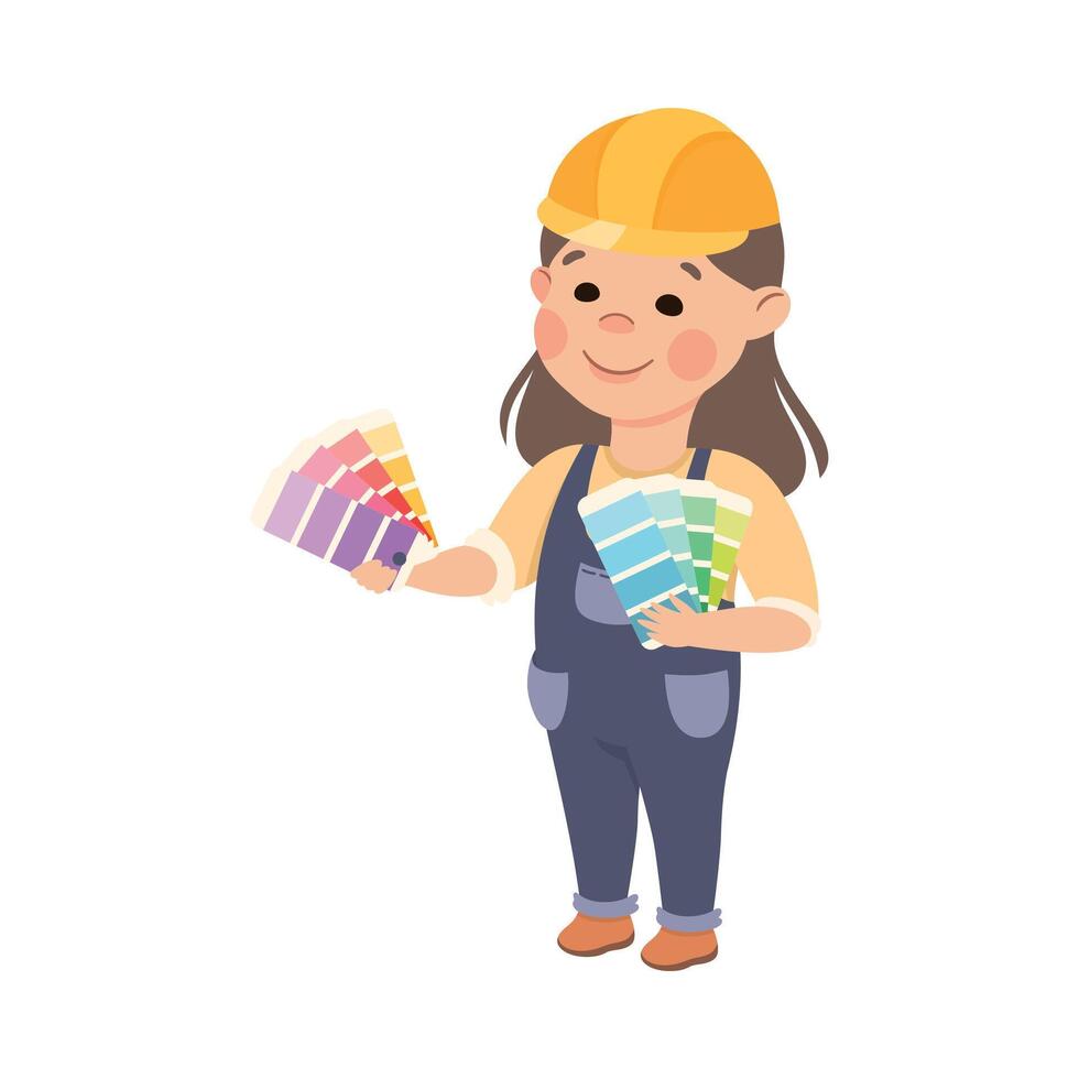 Cute Builder and Fan Color Palette, Little Girl Painter Character in Hard Hat and Blue Overalls with Construction Tools Cartoon Style Illustration vector