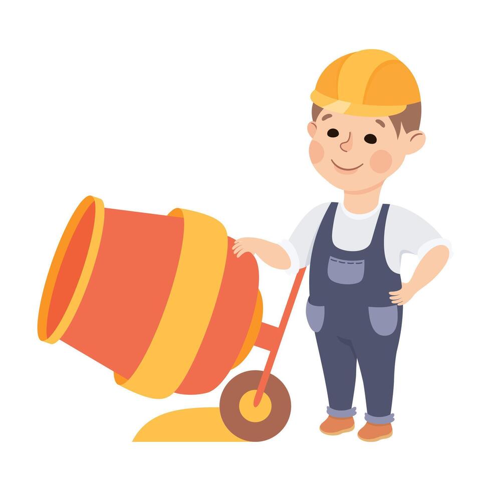 Cute Builder with Concrete Mixer, Little Boy in Hard Hat and Blue Overalls with Construction Tools Cartoon Style Illustration vector