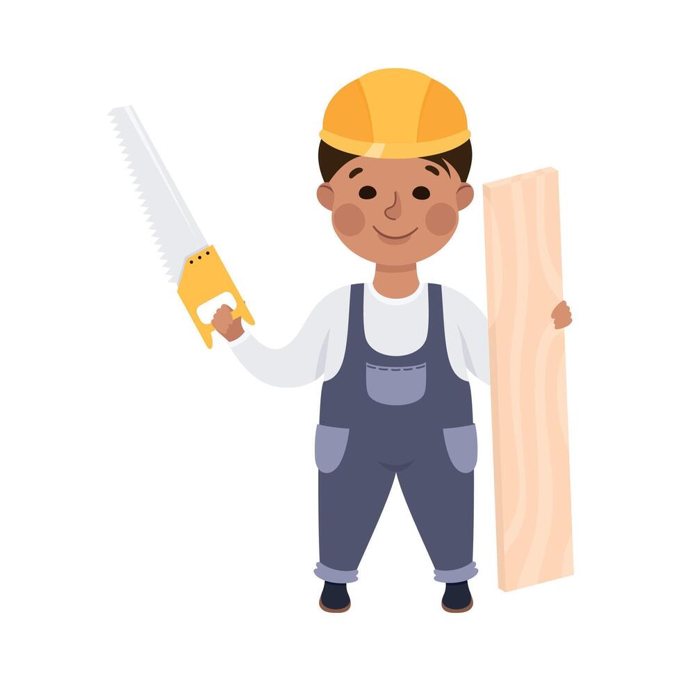 Cute Builder with Plank and Saw, Little Boy Carpenter Character in Hard Hat and Blue Overalls with Construction Tools Cartoon Style Illustration vector