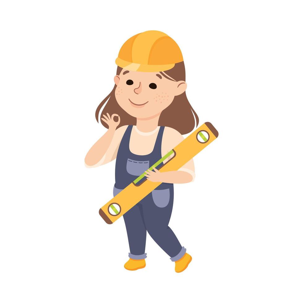 Cute Builder with Bubble Level Tool, Little Girl in Hard Hat and Blue Overalls with Construction Tools Cartoon Style Illustration vector