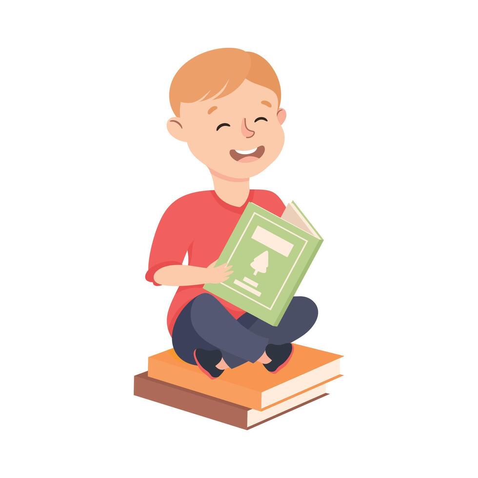 Cute Little Boy Sitting on Pile of Books and Reading, Preschool Boy Enjoying Literature, Kids Education Concept Cartoon Style Illustration vector