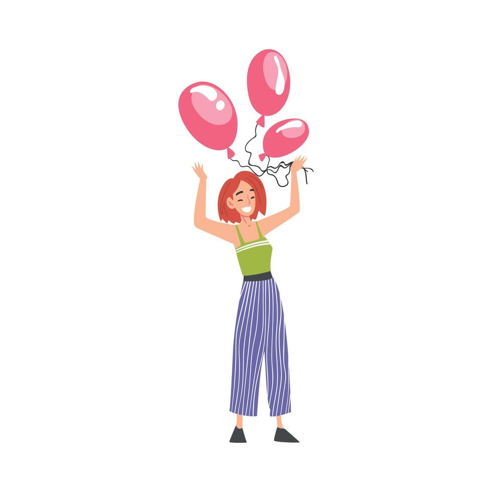 Joyful Girl with Pink Balloons, Happy Person with Holiday Symbol, Happy Birthday Concept Cartoon Style Illustration vector