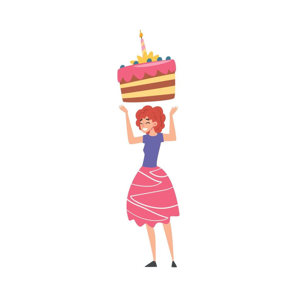 Joyful Girl with Big Piece of Cake, Happy Person with Holiday Symbol, Happy Birthday Concept Cartoon Style Illustration vector