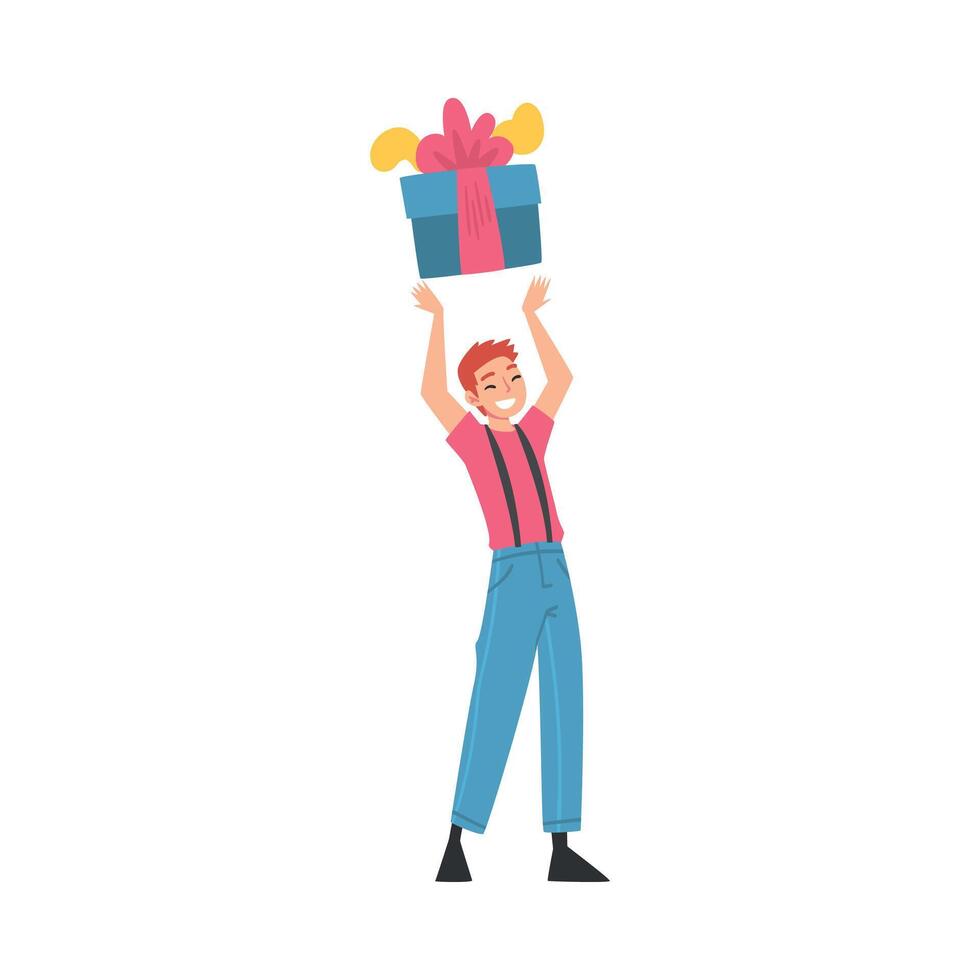Joyful Boy with Gift Box, Happy Person with Holiday Symbol, Happy Birthday Concept Cartoon Style Illustration vector