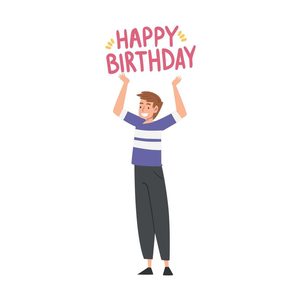 Joyful Boy with Happy Birthday Lettering, Happy Person with Holiday Symbols Cartoon Style Illustration vector