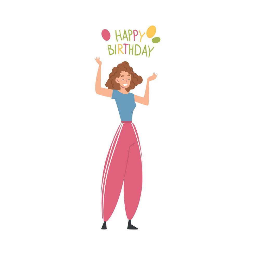 Joyful Girl with Happy Birthday Lettering, Happy Person with Holiday Symbols Cartoon Style Illustration vector