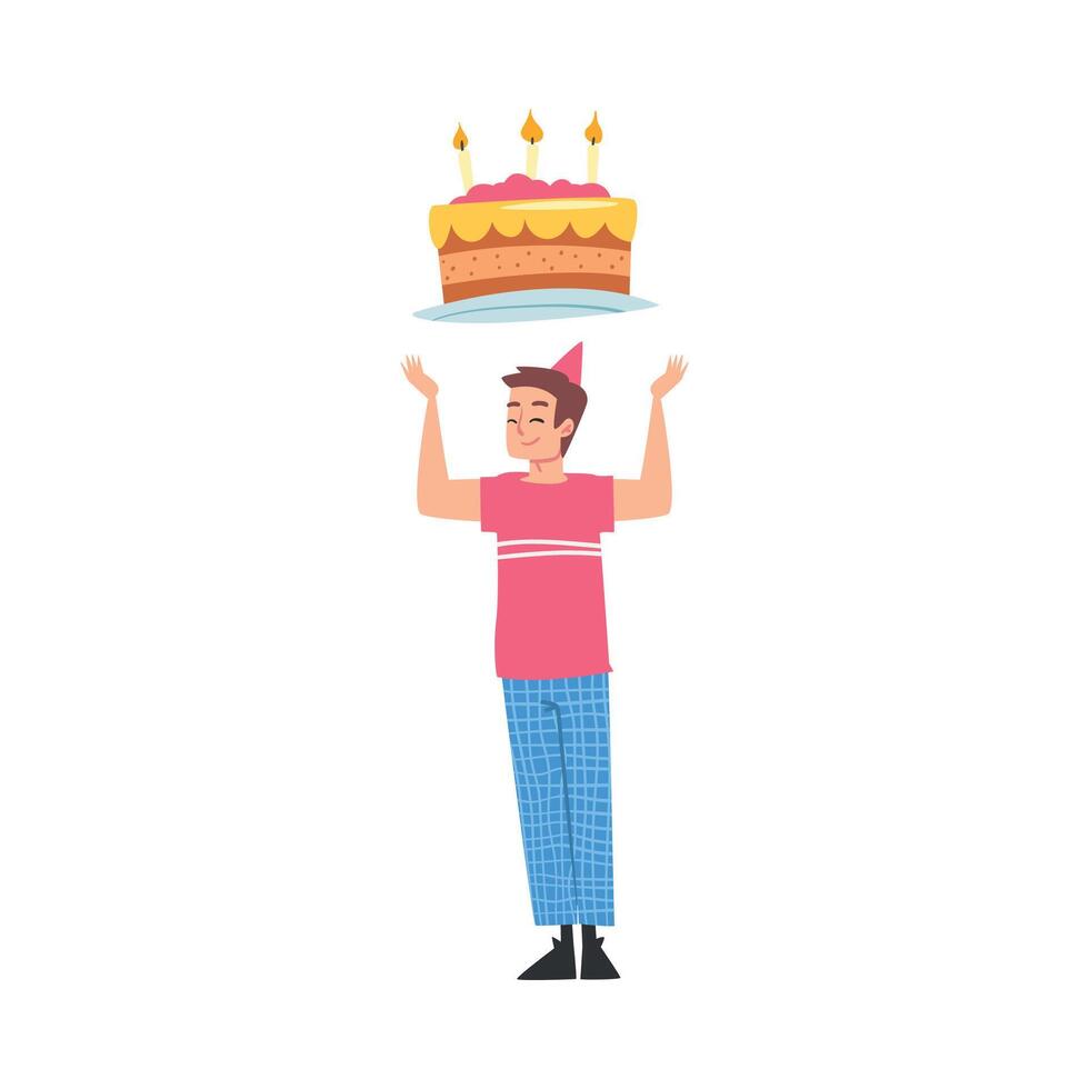 Joyful Boy in Party Hat with Festive Cake over his Head, Happy Person with Holiday Symbol, Happy Birthday Concept Cartoon Style Illustration vector