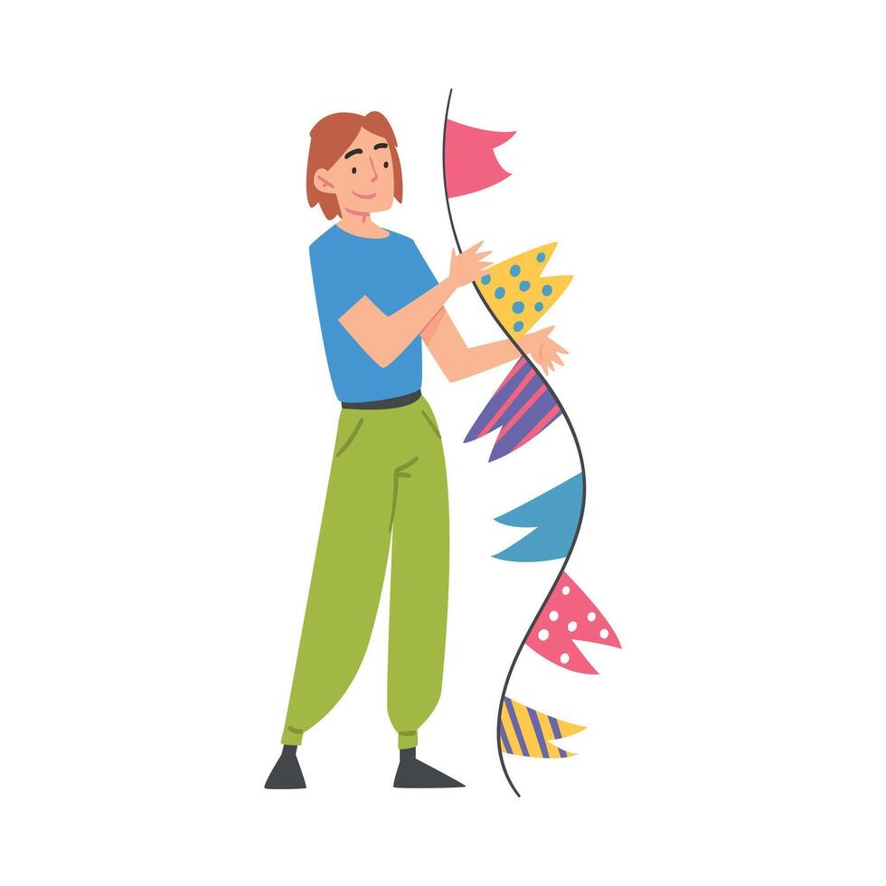 Joyful Guy with Party Flags, Happy Young Man with Holiday Symbols, Happy Birthday Concept Cartoon Style Illustration vector