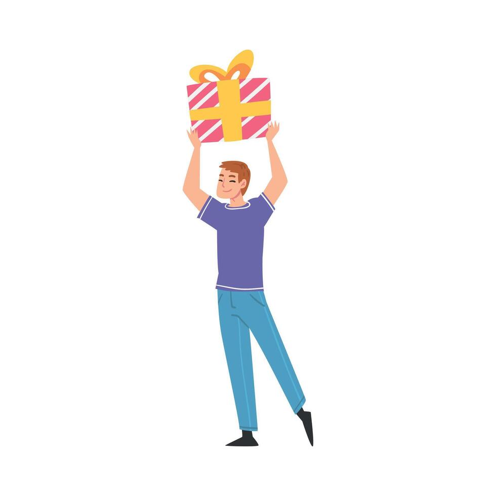 Joyful Guy Holding Gift Box over His Head, Happy Person with Holiday Symbol, Happy Birthday Concept Cartoon Style Illustration vector