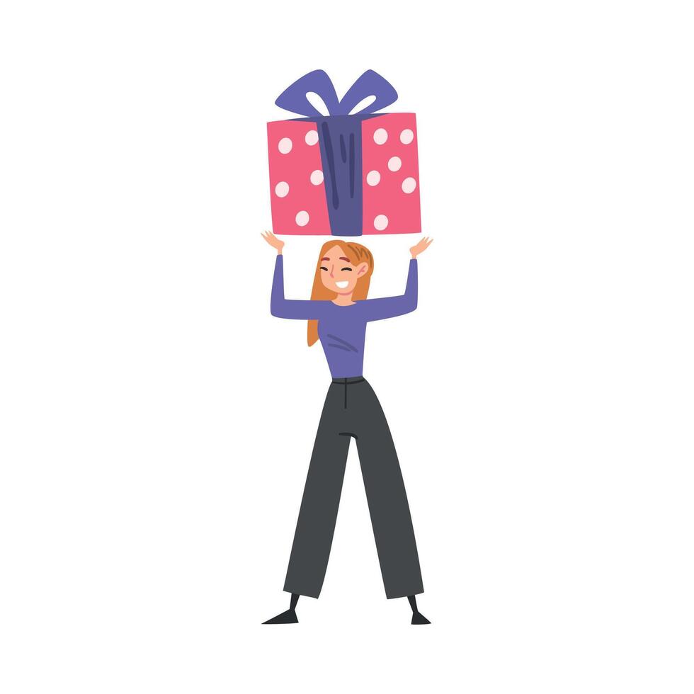 Joyful Girl with Huge Gift Box Over her Head, Happy Person with Holiday Symbol, Happy Birthday Concept Cartoon Style Illustration vector